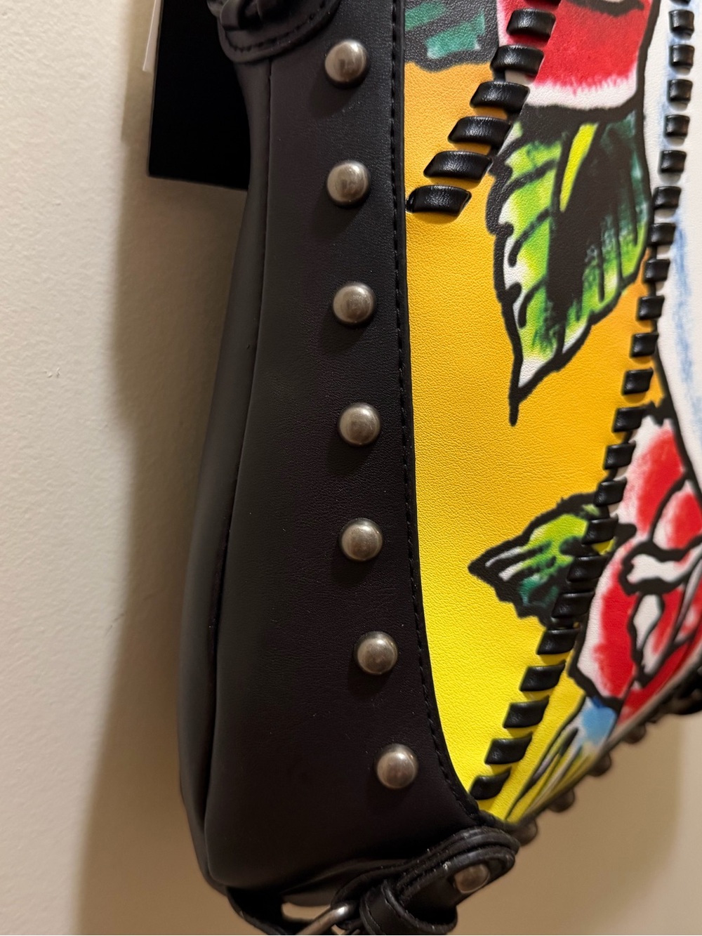 Ed Hardy Graphic Print Studded faux Leather Shoulder Bag Skulls Roses NWT - Picture 7 of 16